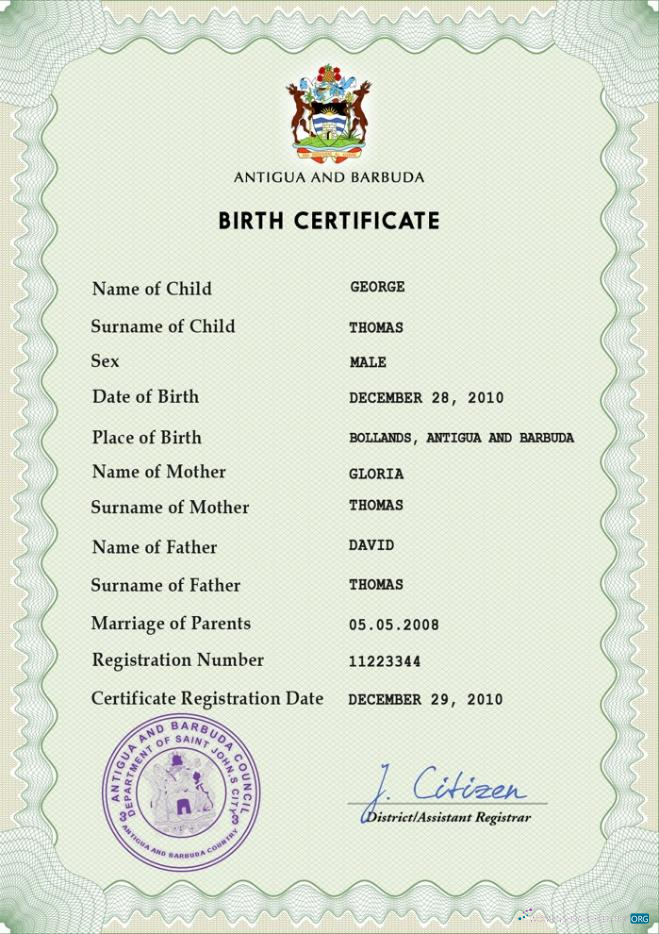 Download Antigua and Barbuda birth certificate PSD template Photoshop template